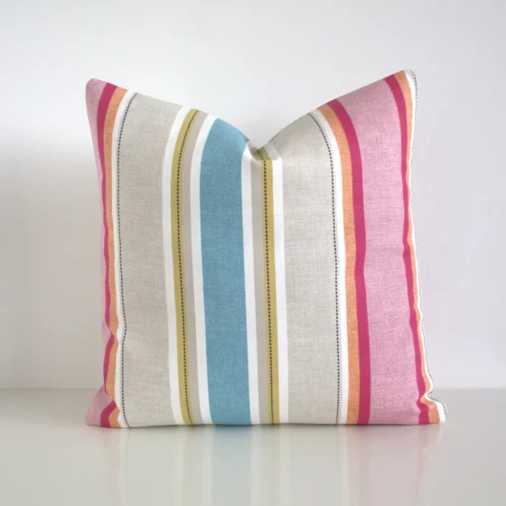 Multi coloured striped cushion cover featuring a multi width stripe pattern